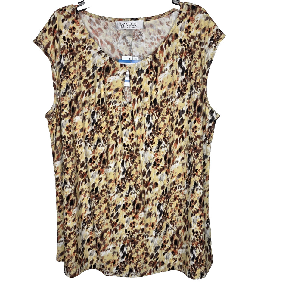 Kasper Womens Plus 1X Brown Multi Color Printed Keyhole Blouse Sleeveless Office